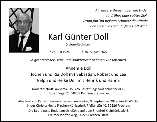 Anzeige von Karl Günter Doll von Kölner Stadt-Anzeiger / Kölnische Rundschau / Express