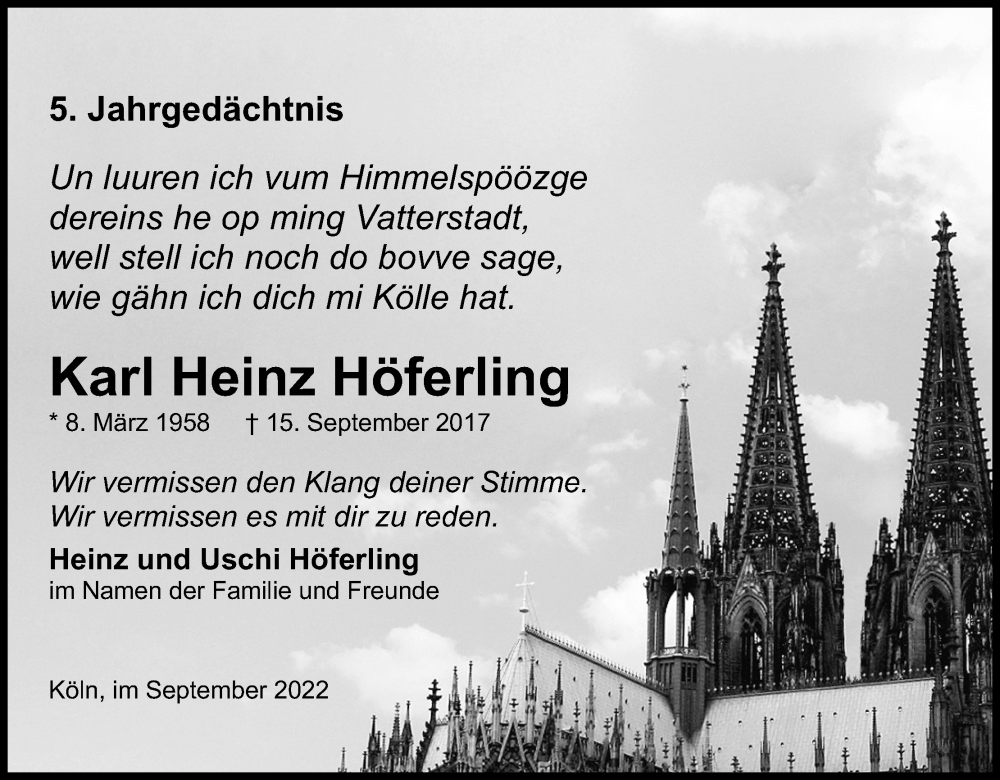  Traueranzeige für Karl Heinz Höferling vom 17.09.2022 aus Kölner Stadt-Anzeiger / Kölnische Rundschau / Express