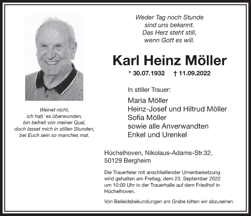  Traueranzeige für Karl Heinz Möller vom 23.09.2022 aus  Werbepost 