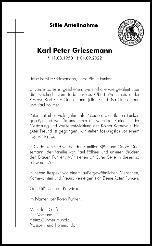  Traueranzeige für Karl Peter Griesemann vom 17.09.2022 aus Kölner Stadt-Anzeiger / Kölnische Rundschau / Express