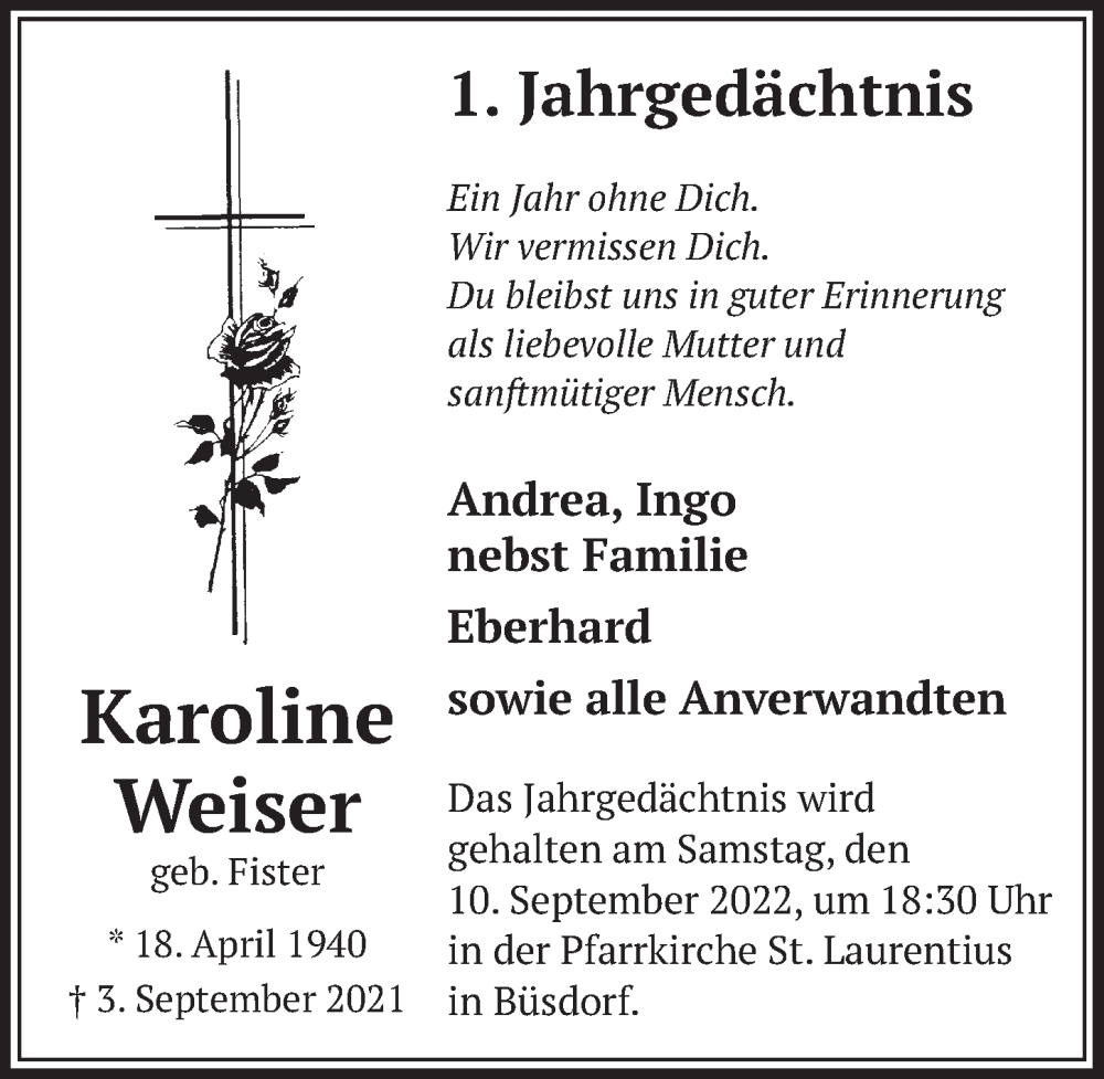  Traueranzeige für Karoline Weiser vom 02.09.2022 aus  Werbepost 