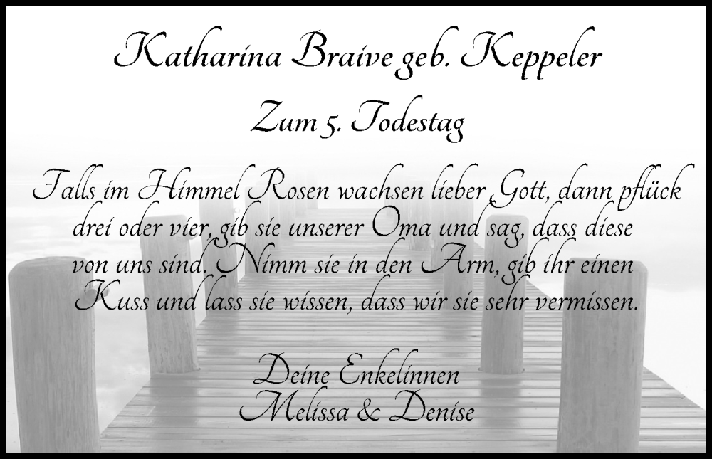  Traueranzeige für Katharina Braive vom 13.09.2022 aus Kölner Stadt-Anzeiger / Kölnische Rundschau / Express