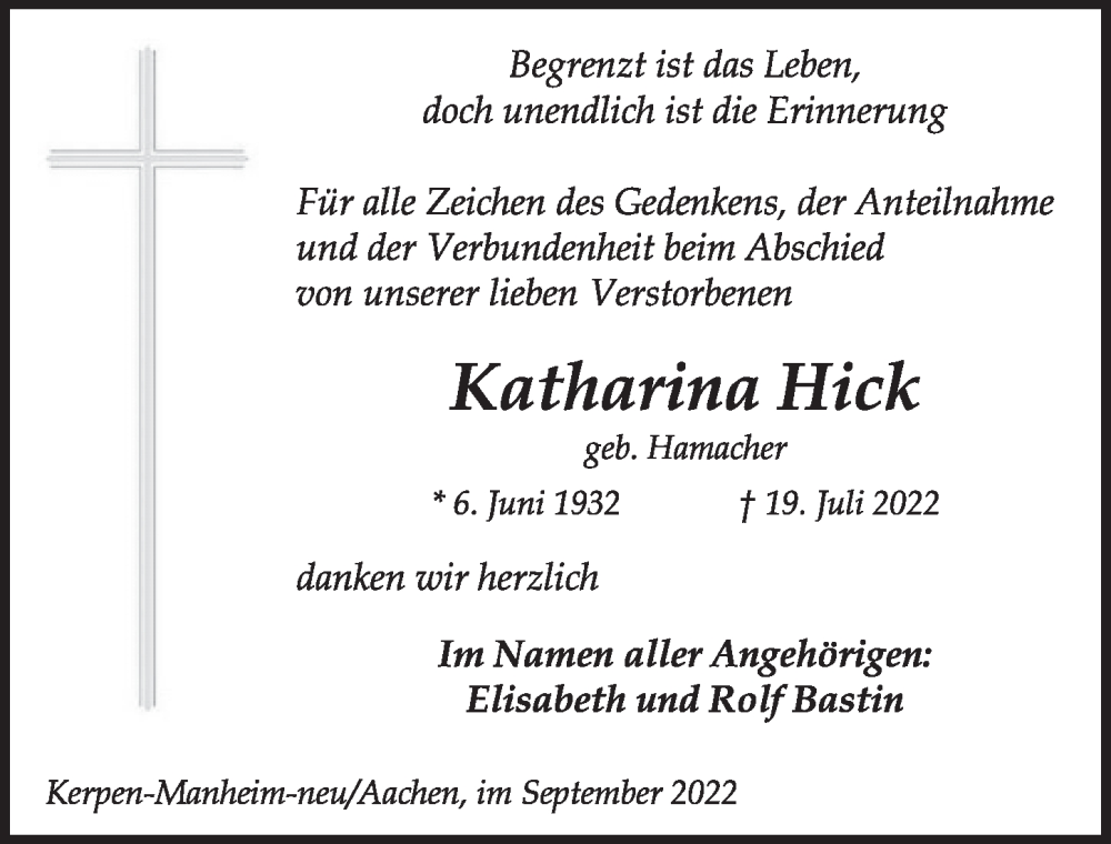  Traueranzeige für Katharina Hick vom 09.09.2022 aus  Werbepost 