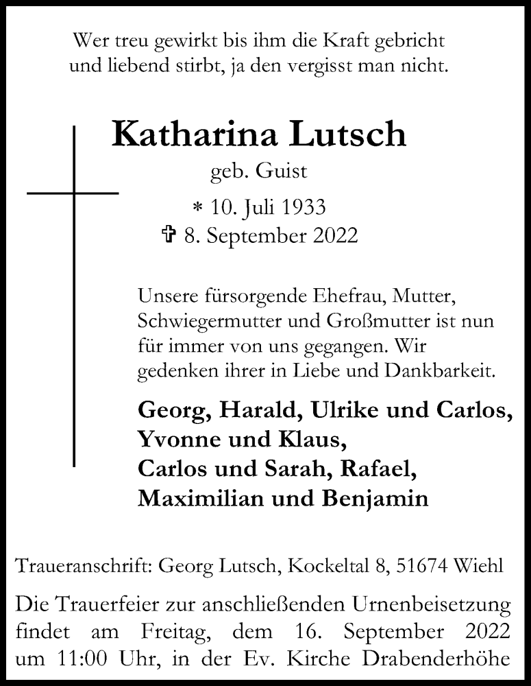  Traueranzeige für Katharina Lutsch vom 15.09.2022 aus Kölner Stadt-Anzeiger / Kölnische Rundschau / Express