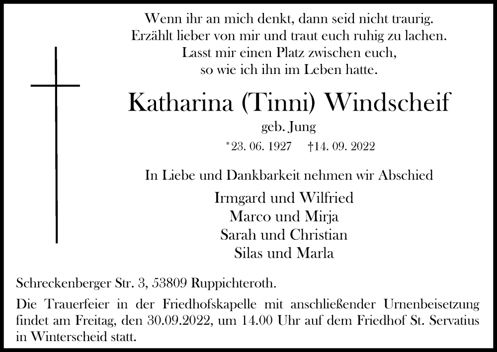  Traueranzeige für Katharina Windscheif vom 24.09.2022 aus Kölner Stadt-Anzeiger / Kölnische Rundschau / Express