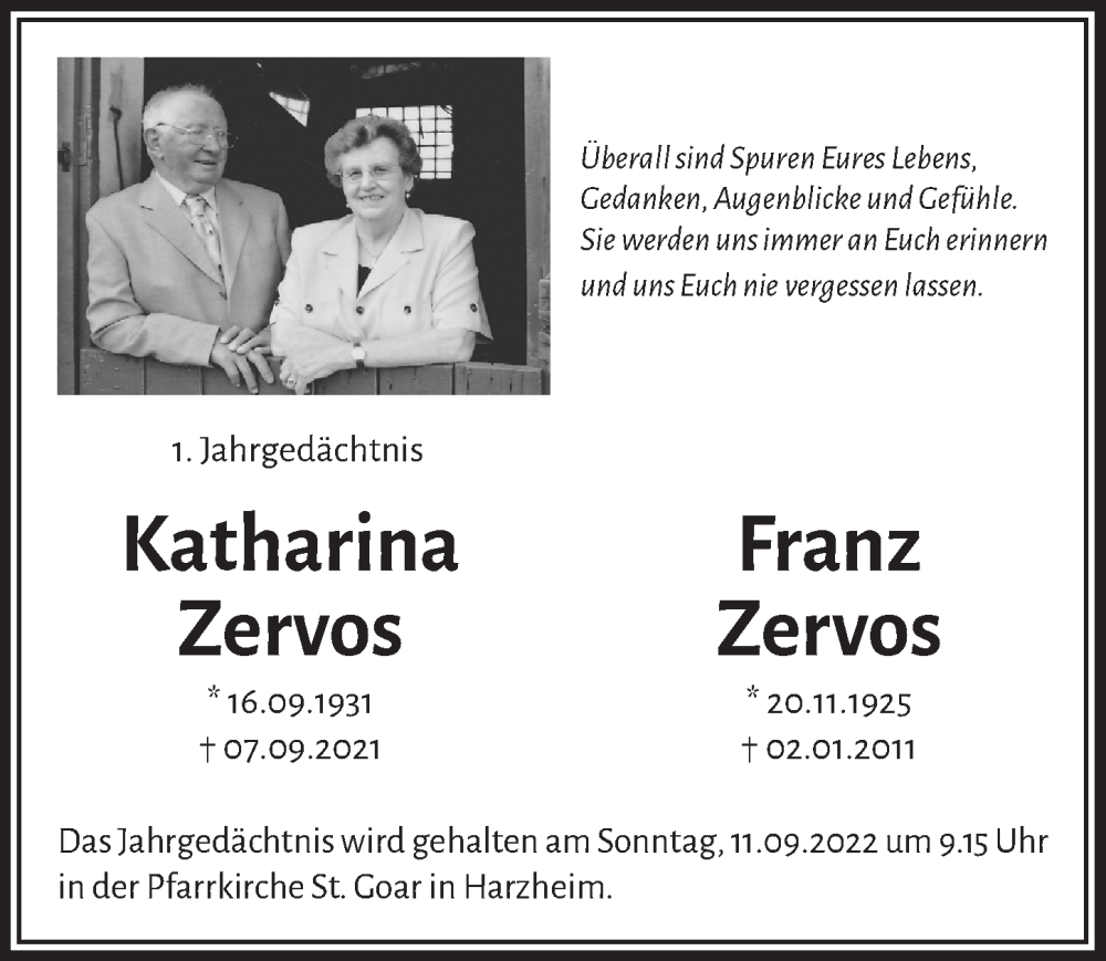  Traueranzeige für Katharina Zervos vom 03.09.2022 aus  Blickpunkt Euskirchen 