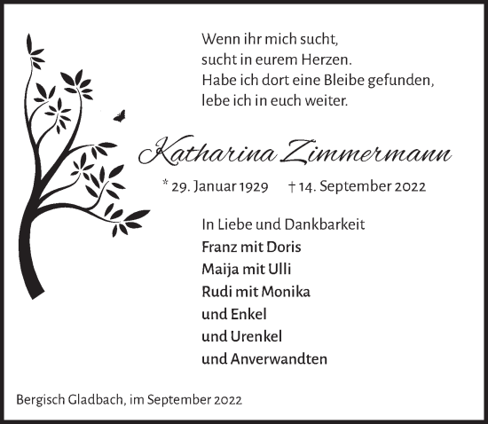 Anzeige von Katharina Zimmermann von  Bergisches Handelsblatt 