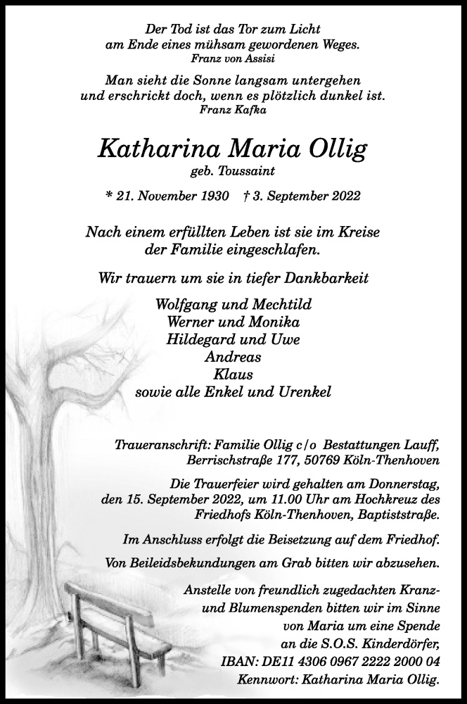  Traueranzeige für Katharina Maria Ollig vom 10.09.2022 aus Kölner Stadt-Anzeiger / Kölnische Rundschau / Express