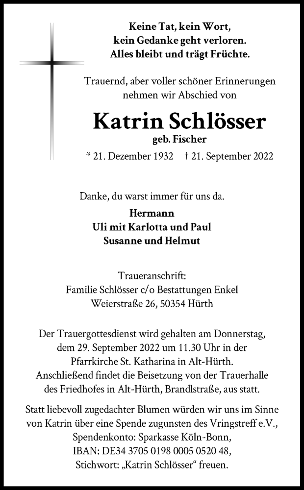  Traueranzeige für Katrin Schlösser vom 24.09.2022 aus Kölner Stadt-Anzeiger / Kölnische Rundschau / Express