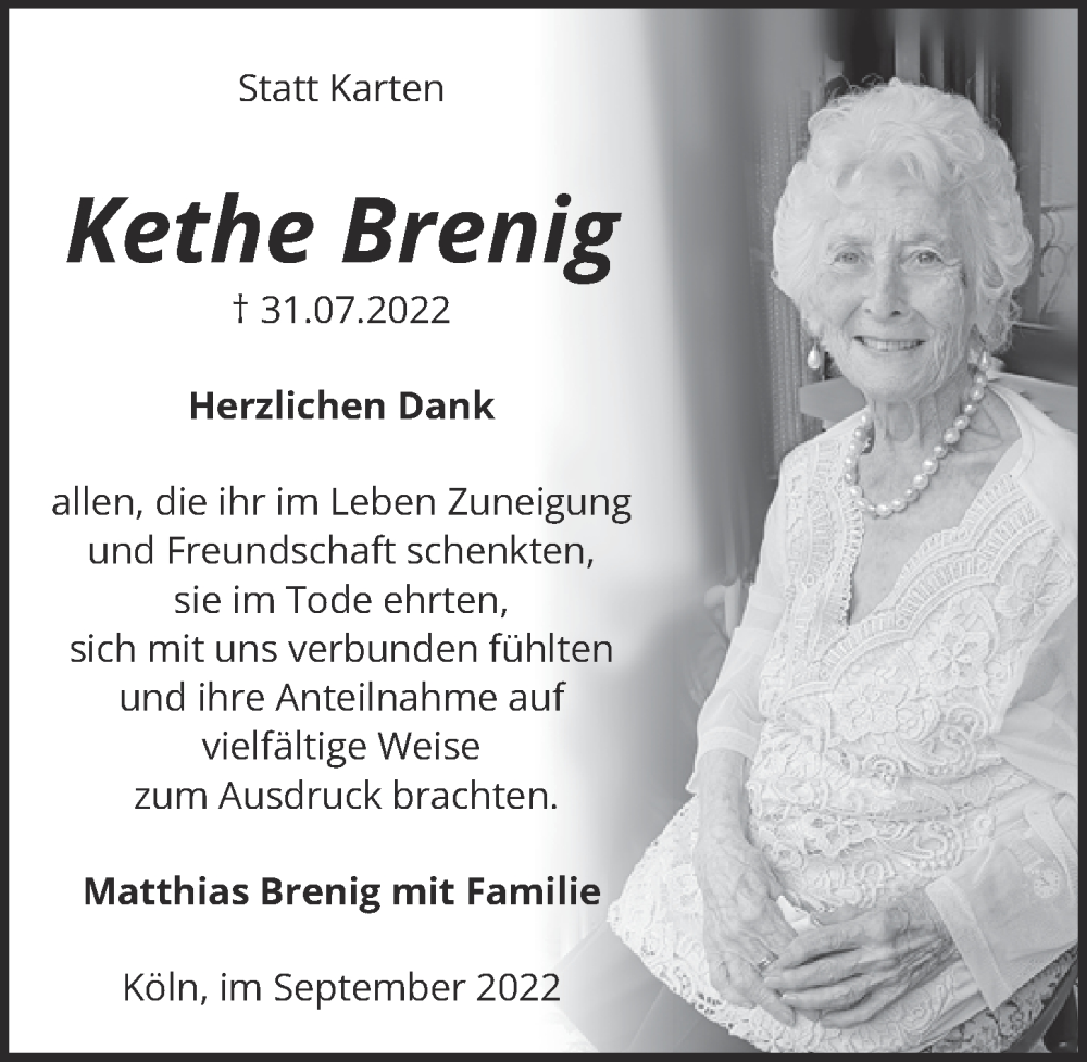  Traueranzeige für Kethe Brenig vom 02.09.2022 aus  EXPRESS - Die Woche 