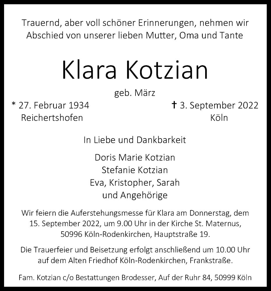  Traueranzeige für Klara Kotzian vom 10.09.2022 aus Kölner Stadt-Anzeiger / Kölnische Rundschau / Express