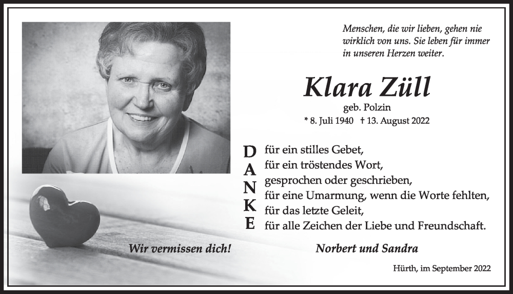  Traueranzeige für Klara Züll vom 23.09.2022 aus  Wochenende 