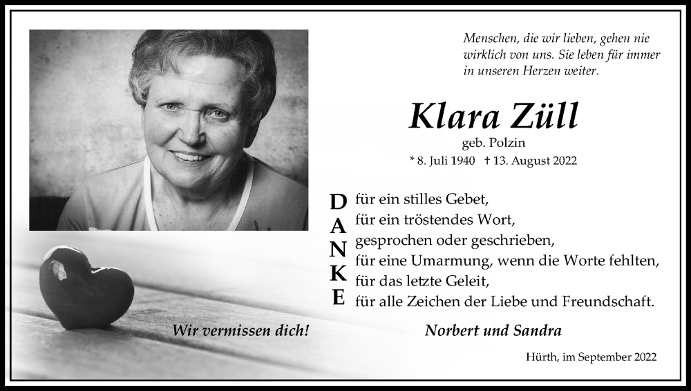  Traueranzeige für Klara Züll vom 24.09.2022 aus Kölner Stadt-Anzeiger / Kölnische Rundschau / Express