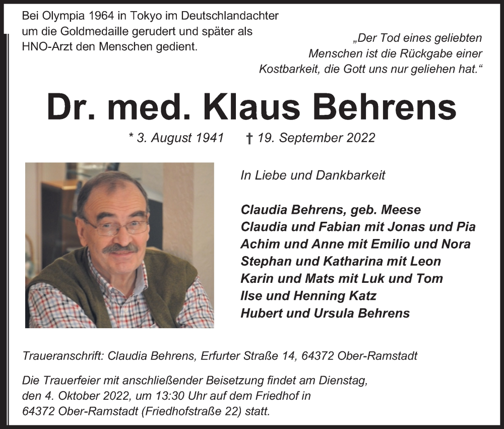  Traueranzeige für Klaus Behrens vom 24.09.2022 aus Kölner Stadt-Anzeiger / Kölnische Rundschau / Express