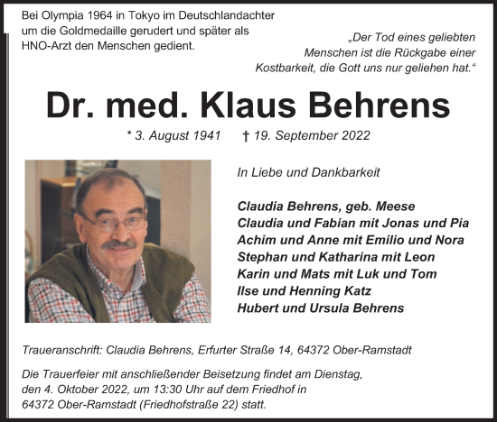 Anzeige von Klaus Behrens von Kölner Stadt-Anzeiger / Kölnische Rundschau / Express