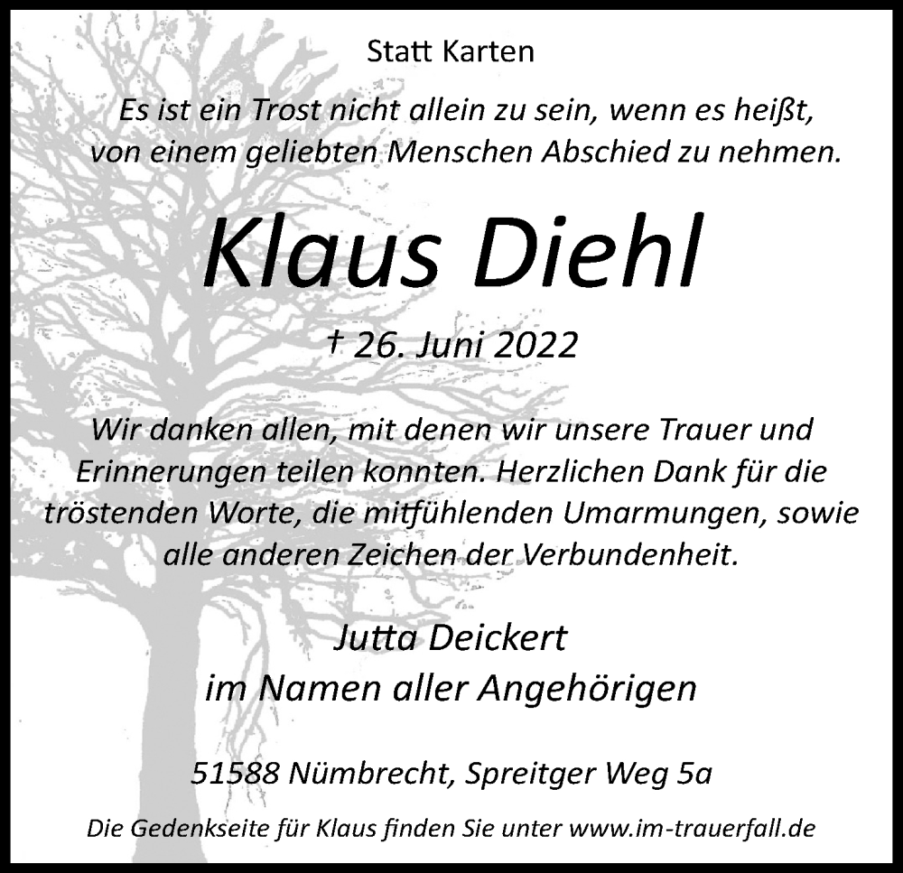  Traueranzeige für Klaus Diehl vom 03.09.2022 aus Kölner Stadt-Anzeiger / Kölnische Rundschau / Express