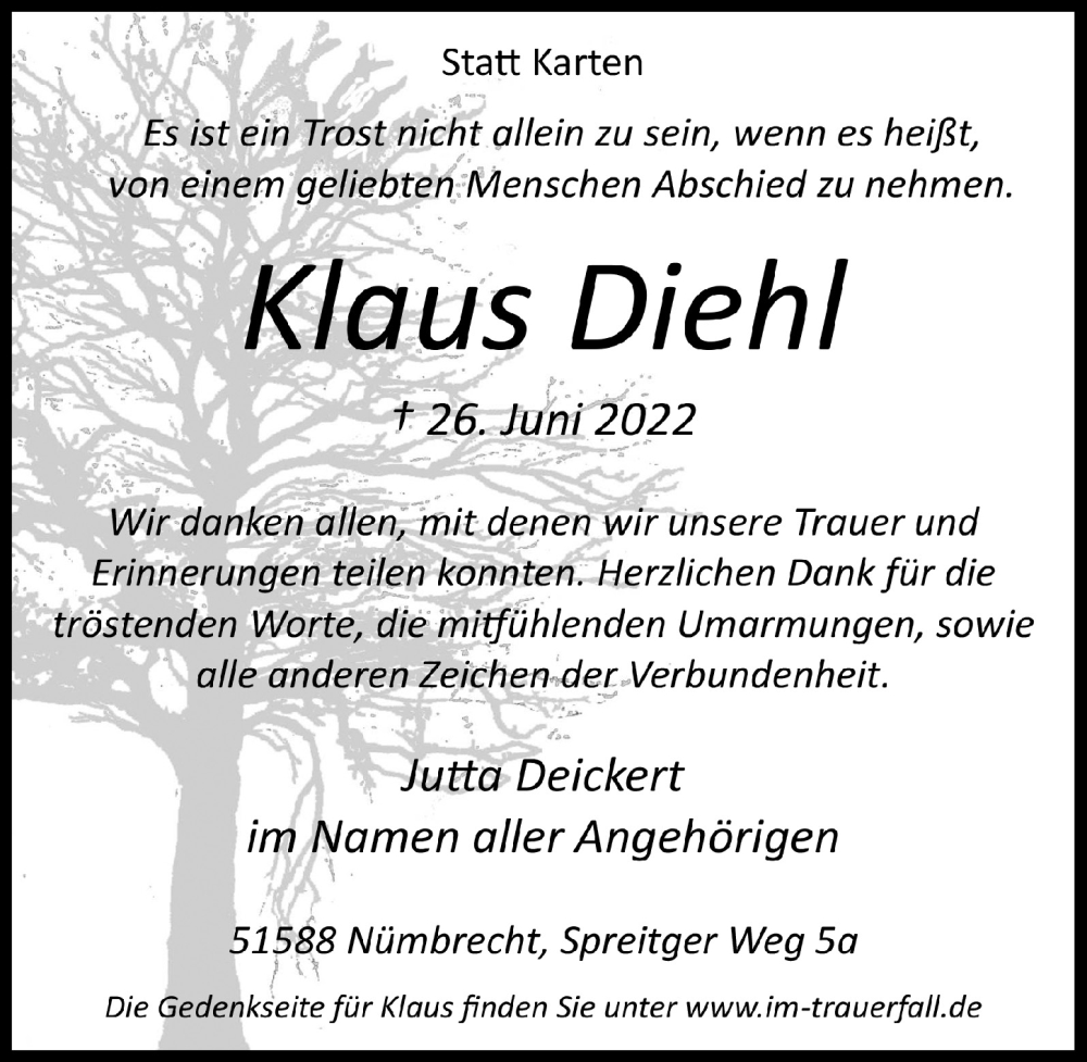  Traueranzeige für Klaus Diehl vom 02.09.2022 aus  Anzeigen Echo 