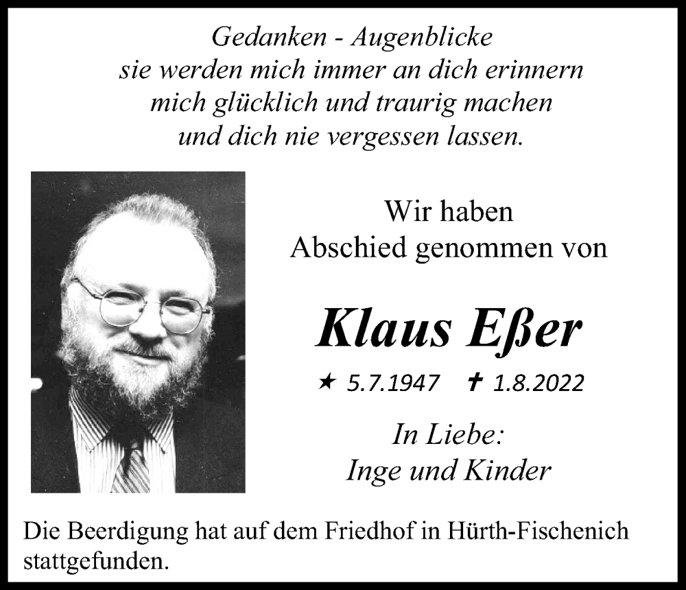  Traueranzeige für Klaus Eßer vom 03.09.2022 aus Kölner Stadt-Anzeiger / Kölnische Rundschau / Express