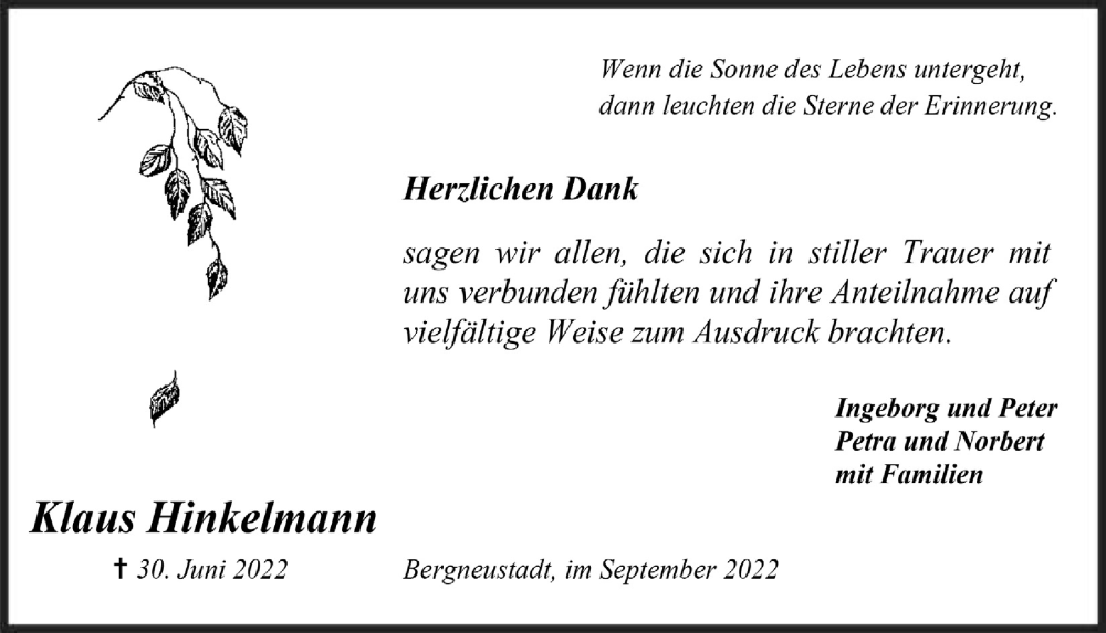  Traueranzeige für Klaus Hinkelmann vom 02.09.2022 aus  Anzeigen Echo 