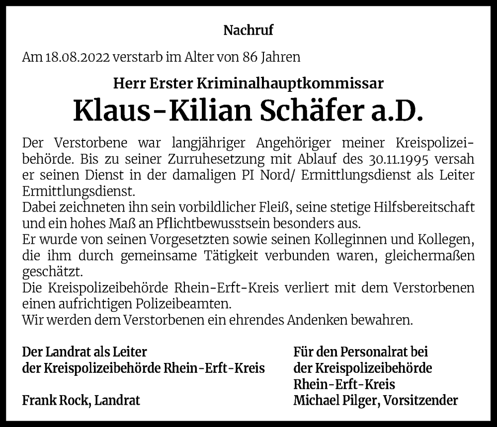 Traueranzeige für Klaus-Kilian Schäfer vom 12.09.2022 aus Kölner Stadt-Anzeiger / Kölnische Rundschau / Express