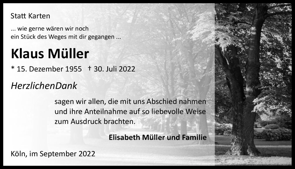  Traueranzeige für Klaus Müller vom 09.09.2022 aus  EXPRESS - Die Woche 