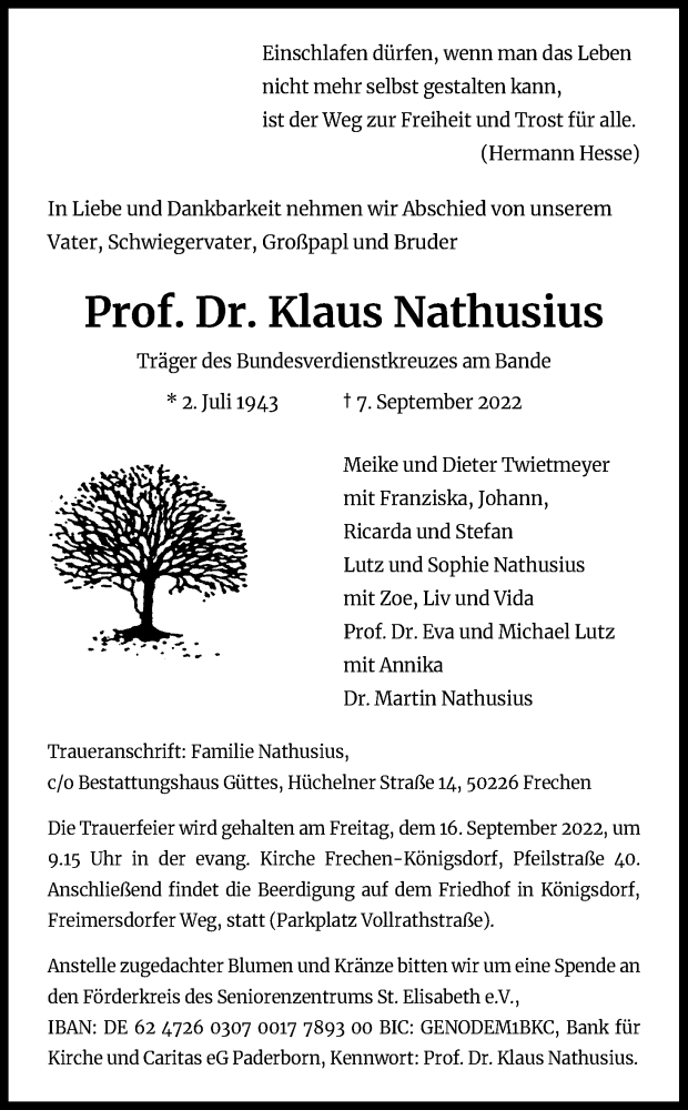  Traueranzeige für Klaus Nathusius vom 10.09.2022 aus Kölner Stadt-Anzeiger / Kölnische Rundschau / Express