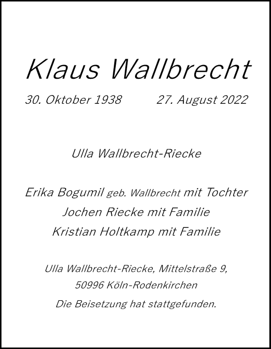 Anzeige von Klaus Wallbrecht von Kölner Stadt-Anzeiger / Kölnische Rundschau / Express