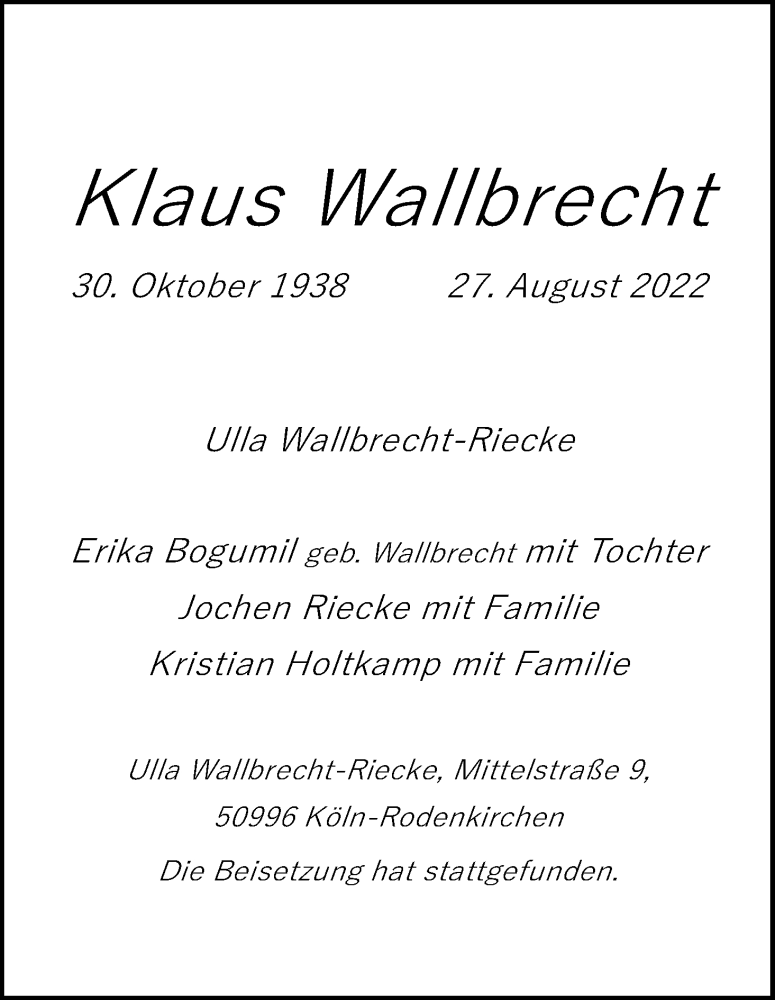  Traueranzeige für Klaus Wallbrecht vom 17.09.2022 aus Kölner Stadt-Anzeiger / Kölnische Rundschau / Express