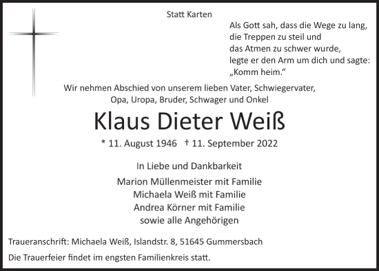 Anzeige von Klaus Dieter Weiß von  Anzeigen Echo 