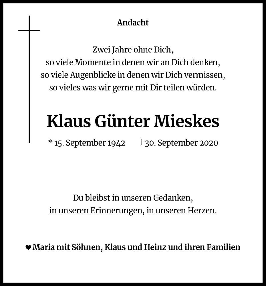  Traueranzeige für Klaus Günter Mieskes vom 30.09.2022 aus Kölner Stadt-Anzeiger / Kölnische Rundschau / Express