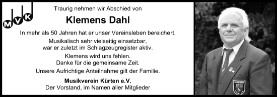 Anzeige von Klemens Dahl von Kölner Stadt-Anzeiger / Kölnische Rundschau / Express
