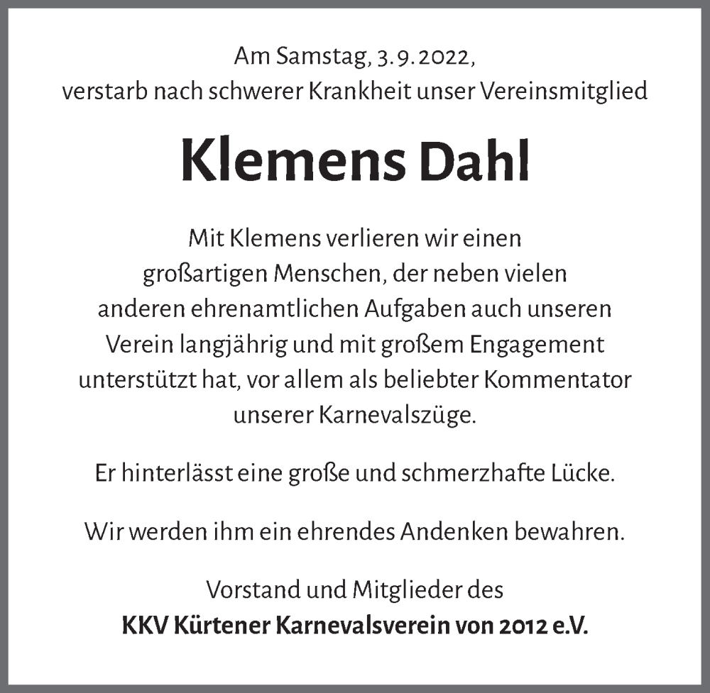  Traueranzeige für Klemens Dahl vom 09.09.2022 aus  Bergisches Handelsblatt 