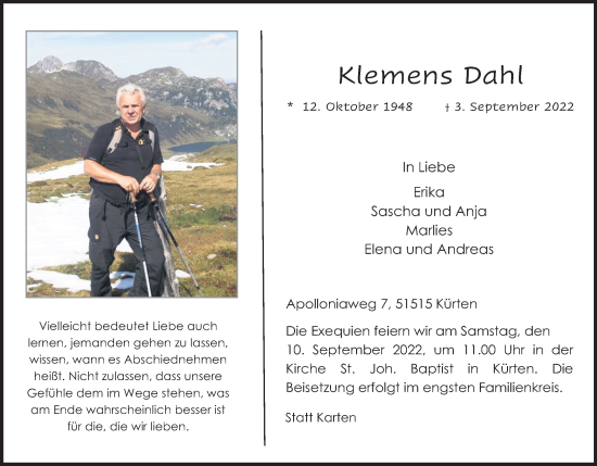 Anzeige von Klemens Dahl von Kölner Stadt-Anzeiger / Kölnische Rundschau / Express