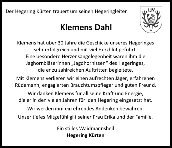 Anzeige von Klemens Dahl von Kölner Stadt-Anzeiger / Kölnische Rundschau / Express