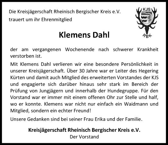 Anzeige von Klemens Dahl von Kölner Stadt-Anzeiger / Kölnische Rundschau / Express