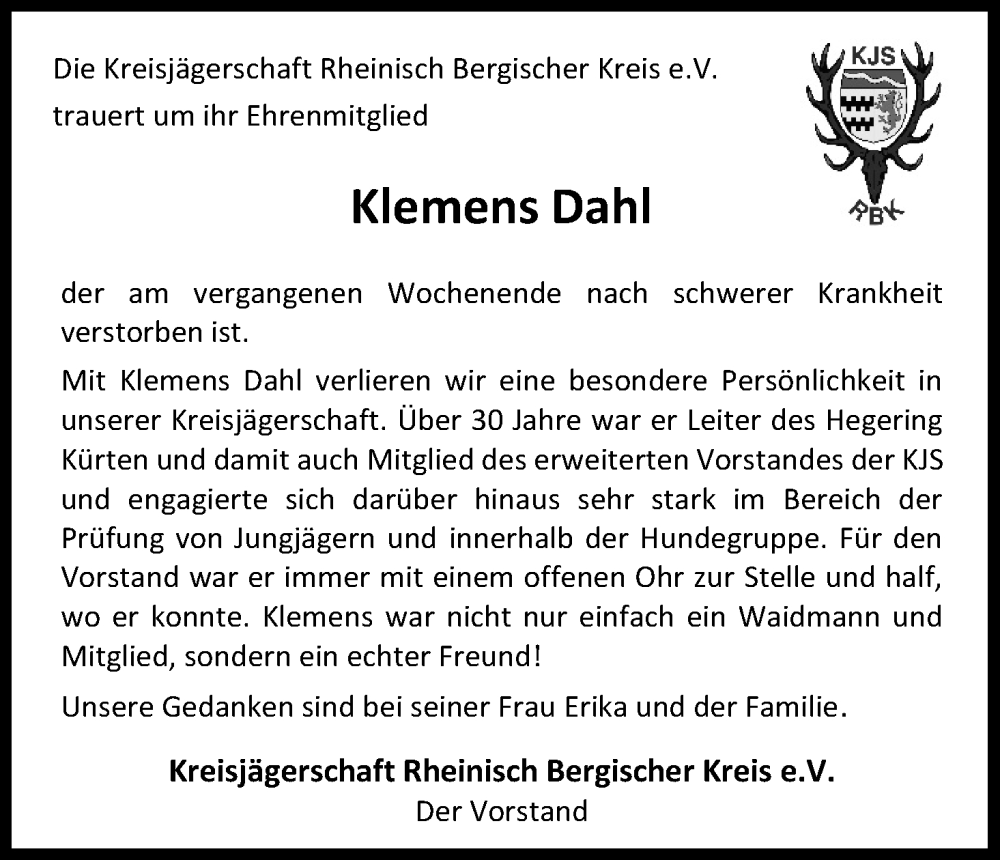  Traueranzeige für Klemens Dahl vom 10.09.2022 aus Kölner Stadt-Anzeiger / Kölnische Rundschau / Express
