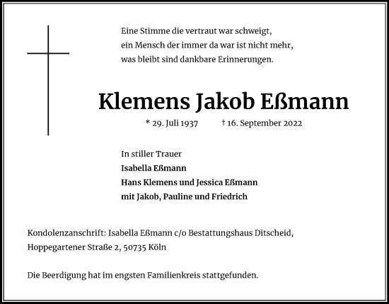 Anzeige von Klemens Jakob Eßmann von Kölner Stadt-Anzeiger / Kölnische Rundschau / Express