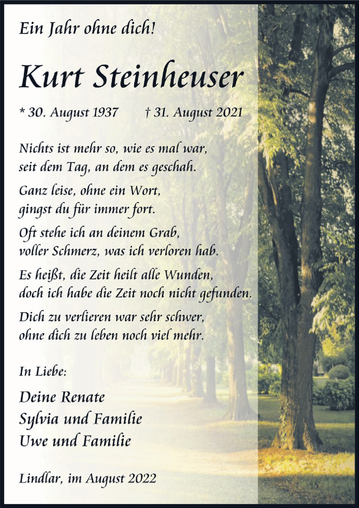  Traueranzeige für Kurt Steinheuser vom 02.09.2022 aus  Anzeigen Echo 