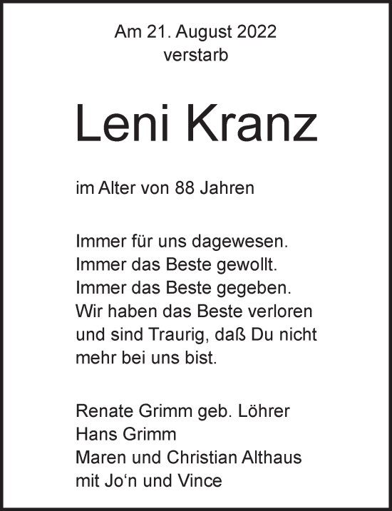 Anzeige von Leni Kranz von  Schaufenster/Blickpunkt 