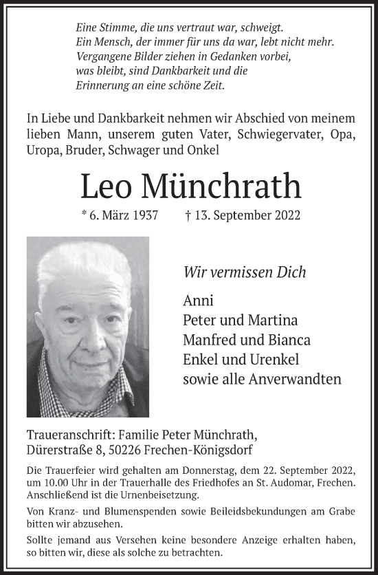 Anzeige von Leo Münchrath von  Wochenende 