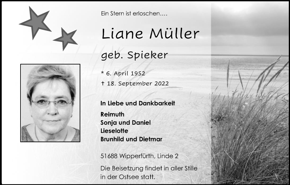  Traueranzeige für Liane Müller vom 24.09.2022 aus Kölner Stadt-Anzeiger / Kölnische Rundschau / Express
