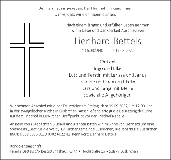 Anzeige von Lienhard Bettels von  Blickpunkt Euskirchen 