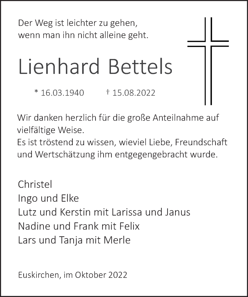  Traueranzeige für Lienhard Bettels vom 01.10.2022 aus  Blickpunkt Euskirchen 