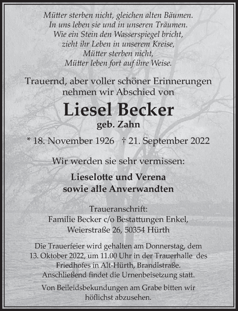  Traueranzeige für Liesel Becker vom 30.09.2022 aus  Wochenende 