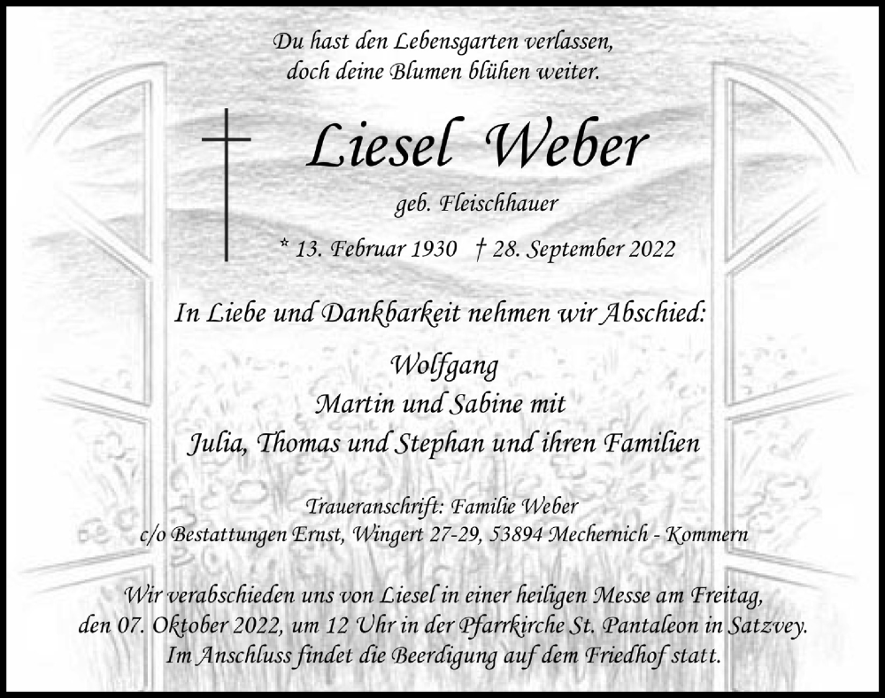  Traueranzeige für Liesel Weber vom 01.10.2022 aus  Blickpunkt Euskirchen 