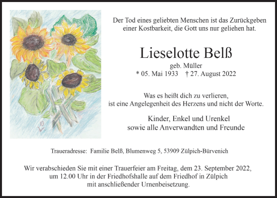 Anzeige von Lieselotte Belß von  Blickpunkt Euskirchen 
