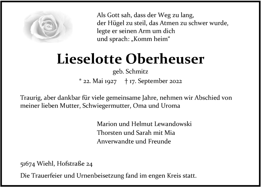  Traueranzeige für Lieselotte Oberheuser vom 30.09.2022 aus  Anzeigen Echo 
