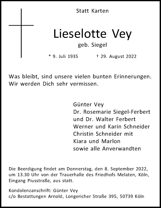 Anzeige von Lieselotte Vey von Kölner Stadt-Anzeiger / Kölnische Rundschau / Express