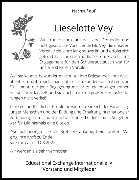 Anzeige von Lieselotte Vey von Kölner Stadt-Anzeiger / Kölnische Rundschau / Express