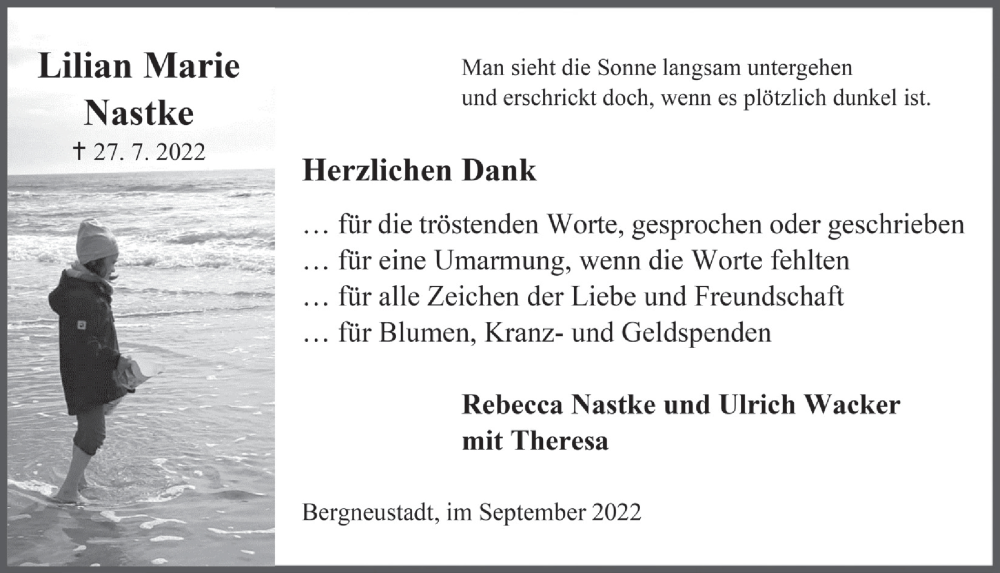  Traueranzeige für Lilian Nastke vom 23.09.2022 aus  Anzeigen Echo 